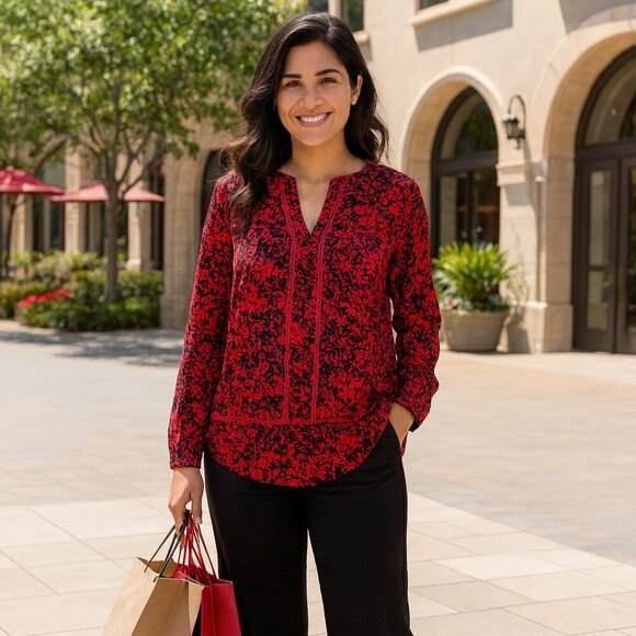 *2/$25* MICHAEL Michael Kors Womens Red Black Print Blouse XS - Picture 1 of 6